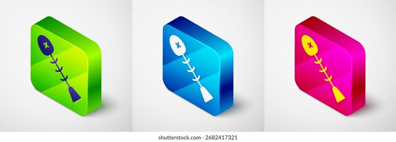 Icono de pez muerto isométrico aislado sobre fondo gris. Botón cuadrado. Vector