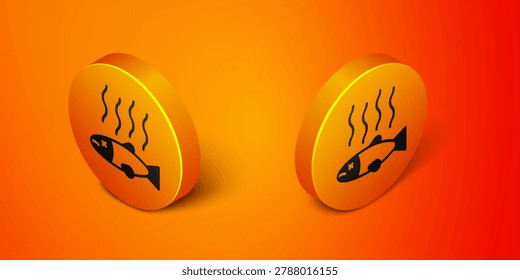 Isometric Dead fish icon isolated on orange background. Rotten fish. Orange circle button. Vector
