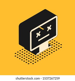 Isometric Dead monitor icon isolated on yellow background. 404 error like pc with dead emoji. Fatal error in pc system.  Vector Illustration