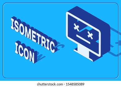 Isometric Dead monitor icon isolated on blue background. 404 error like pc with dead emoji. Fatal error in pc system.  Vector Illustration