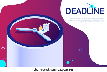 Isometric deadline time is running out concept. Business man work hard and overload under pressure on big clock in urgent deadline. Vector Illustration.