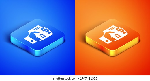 Isometric Death certificate in hand icon isolated on blue and orange background. Square button. Vector