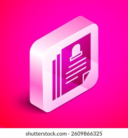 Isometric Death certificate icon isolated on pink background. Silver square button. Vector