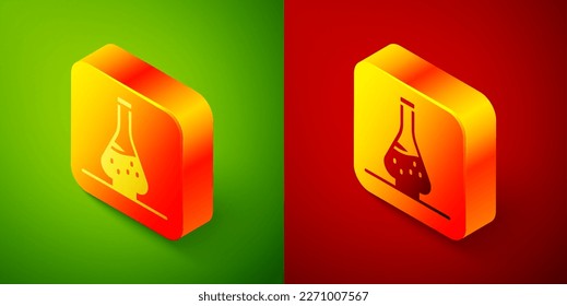 Isometric Decanter for wine icon isolated on green and red background. Square button. Vector