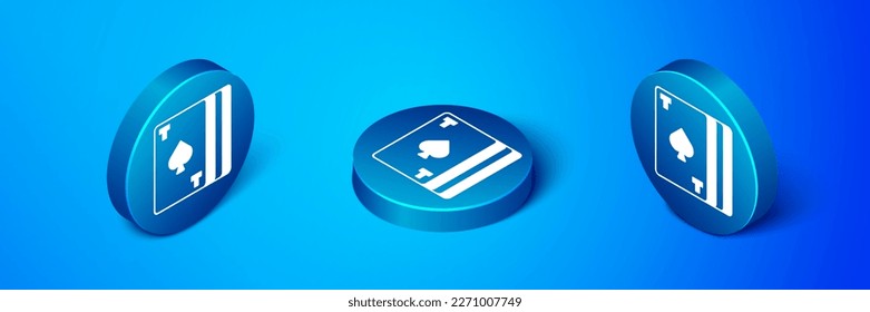 Isometric Deck of playing cards icon isolated on blue background. Casino gambling. Blue circle button. Vector