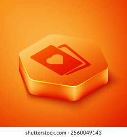 Isometric Deck of playing cards icon isolated on orange background. Casino gambling. Orange hexagon button. Vector