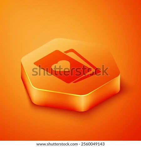 Isometric Deck of playing cards icon isolated on orange background. Casino gambling. Orange hexagon button. Vector
