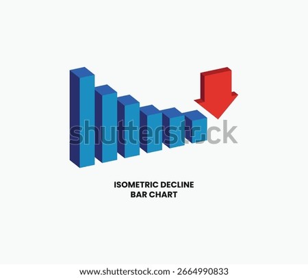 Isometric decline bar chart with downward red arrow, representing negative progress, loss, or economic decrease