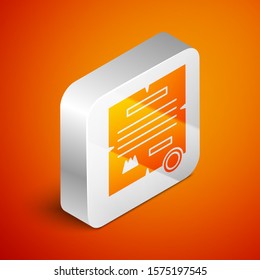 Isometric Decree, paper, parchment, scroll icon icon isolated on orange background. Silver square button. Vector Illustration