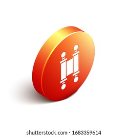 Isometric Decree, paper, parchment, scroll icon icon isolated on white background. Chinese scroll. Orange circle button. Vector Illustration