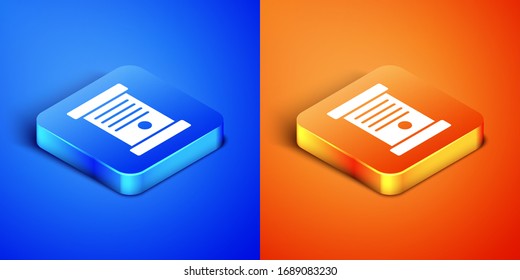 Isometric Decree, paper, parchment, scroll icon icon isolated on blue and orange background. Square button. Vector Illustration
