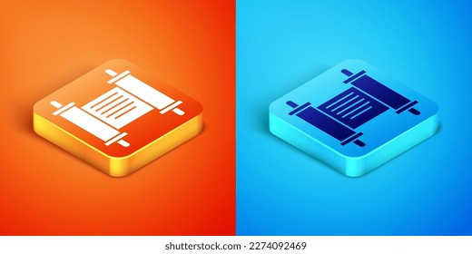 Isometric Decree, paper, parchment, scroll icon icon isolated on orange and blue background. Chinese scroll.  Vector