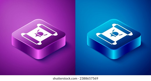 Decreto isométrico, papel, pergamino, icono de desplazamiento aislado en fondo azul y púrpura. Botón cuadrado. Vector