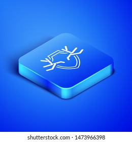 Isometric Deer antlers on shield icon isolated on blue background. Hunting trophy on wall. Blue square button. Vector Illustration