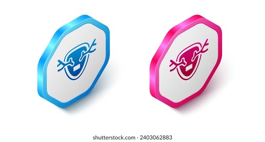 Isometric Deer antlers on shield icon isolated on white background. Hunting trophy on wall. Hexagon button. Vector