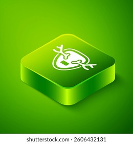 Isometric Deer antlers on shield icon isolated on green background. Hunting trophy on wall. Green square button. Vector