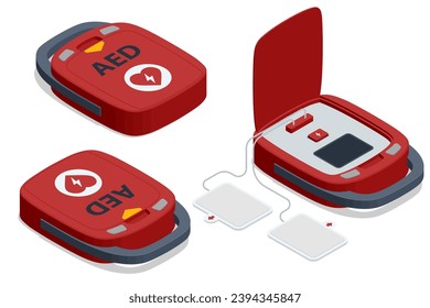 Isometric defibrillator, performing defibrillation to critical patien. First aid kit. Cardiopulmonary reanimation. Cardiopulmonary resuscitation cpr emergency procedure