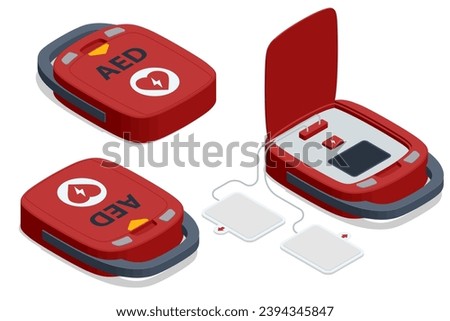 Isometric defibrillator, performing defibrillation to critical patien. First aid kit. Cardiopulmonary reanimation. Cardiopulmonary resuscitation cpr emergency procedure