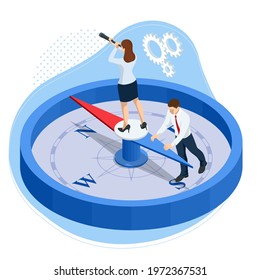 Isometric define marketing direction and search customer global network. Business people using compass for navigation and orientation in business. Business success concept