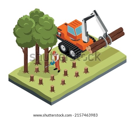Isometric deforestation concept with lumberjack sawing trees vector illustration