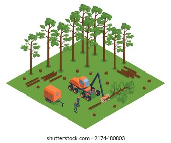 Isometric deforestation concept with woorworking machinery in forest vector illustration