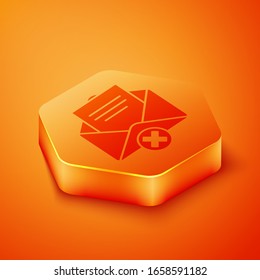 Isometrische Briefumschlag-Symbol einzeln auf orangefarbenem Hintergrund löschen. Löschen oder Fehlermeldung. Melden Sie sich an. Abgelehnte Post. Orangefarbene Hexagon-Taste. Vektorillustration-Illustration