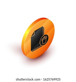Isometric Delete file document icon isolated on white background. Paper sheet with recycle bin sign. Rejected document. Cross on paper. Orange circle button. Vector Illustration