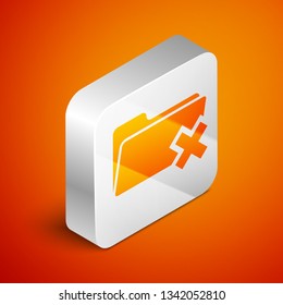 Isometric Delete folder icon isolated on orange background. Folder with recycle bin. Delete or error folder. Close computer information folder sign. Silver square button. Vector Illustration