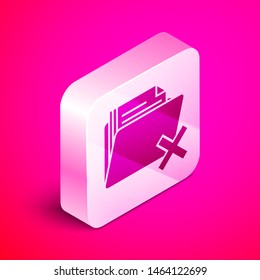 Isometric Delete folder icon isolated on pink background. Folder with recycle bin. Delete or error folder. Close computer information folder. Silver square button. Vector Illustration