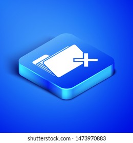 Isometric Delete folder icon isolated on blue background. Folder with recycle bin. Delete or error folder. Close computer information folder. Blue square button. Vector Illustration