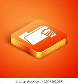 Isometric Delete folder icon isolated on orange background. Folder with recycle bin. Delete or error folder. Close computer information folder.  Vector Illustration
