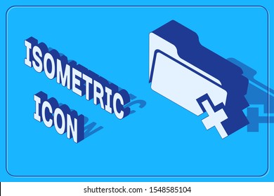 Isometric Delete folder icon isolated on blue background. Folder with recycle bin. Delete or error folder. Close computer information folder.  Vector Illustration