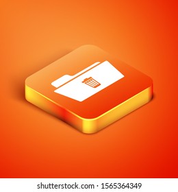 Isometric Delete folder icon isolated on orange background. Folder with recycle bin. Delete or error folder. Close computer information folder sign.  Vector Illustration