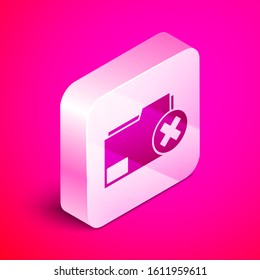 Isometric Delete folder icon isolated on pink background. Delete or error folder. Close computer information folder. Silver square button. Vector Illustration