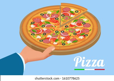 Isometric delicious pizza with ingredients and spices. Slice of fresh Italian classic Pizza isolated on white background. Hot Tasty Pizza, used for design and branding.