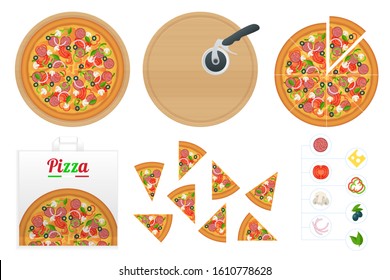 Isometric delicious pizza with ingredients and spices. Slice of fresh Italian classic Pizza isolated on white background. Hot Tasty Pizza, used for design and branding.