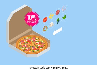 Isometric delicious pizza with ingredients and spices. Slice of fresh Italian classic Pizza isolated on white background. Hot Tasty Pizza, used for design and branding.