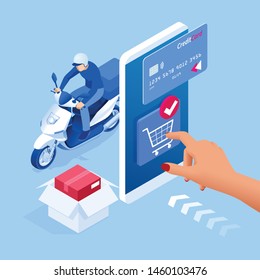 Isometric Delivery App isometric website template. Online shopping banner, fast delivery service. Woman using credit card and blank smartphone online shopping in internet