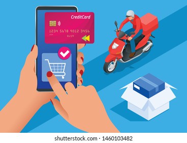 Isometric Delivery App isometric website template. Online shopping banner, fast delivery service. Woman using credit card and blank smartphone online shopping in internet