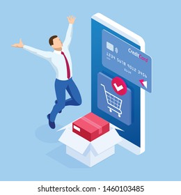 Isometric Delivery App isometric website template. Online shopping banner, fast delivery service. Woman using credit card and blank smartphone online shopping in internet