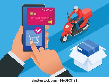 Isometric Delivery App isometric website template. Online shopping banner, fast delivery service. Woman using credit card and blank smartphone online shopping in internet
