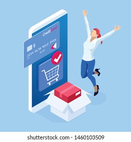 Isometric Delivery App isometric website template. Online shopping banner, fast delivery service. Woman using credit card and blank smartphone online shopping in internet