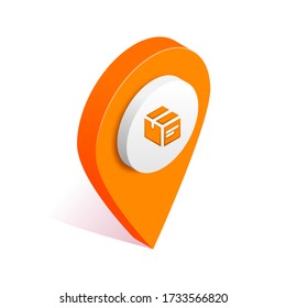 Isometric delivery box map pointer icon. 3d pin, geotag location point with cargo, storage, warehouse symbol. Shipping, transportation, post vector illustration for web, app, infographics, logo, ad