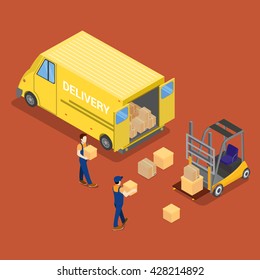 Isometric Delivery Car. Cargo Industry. Worker on Forklift Loading. Vector flat 3d Illustration