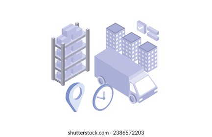 Isometric delivery car next to boxes and location icon.on white background.3D design.isometric vector design Illustration.