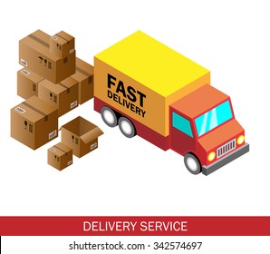 Isometric delivery car and set of cardboard boxes. Isometric vector illustration. Delivery service concept.
