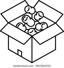 Isometric Delivery Cardboard Box With Biodegradable Packing Peanuts Spilling Out From Open Flaps Monoline Line Icon