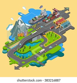 Isometric delivery of cargo, railway, truck, maritime transport logistics, loading, transport, location, 3d vector. The concept of landscape with cargo delivery system