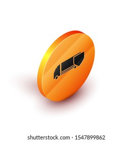 Isometric Delivery cargo truck with shield icon isolated on white background. Insurance concept. Security, safety, protection, protect concept. Orange circle button. Vector Illustration