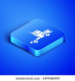 Isometric Delivery cargo truck vehicle icon isolated on blue background. Blue square button. Vector Illustration